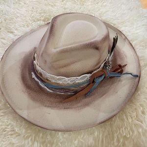 Handcrafted felt fedora hat with feathers and vintage pin